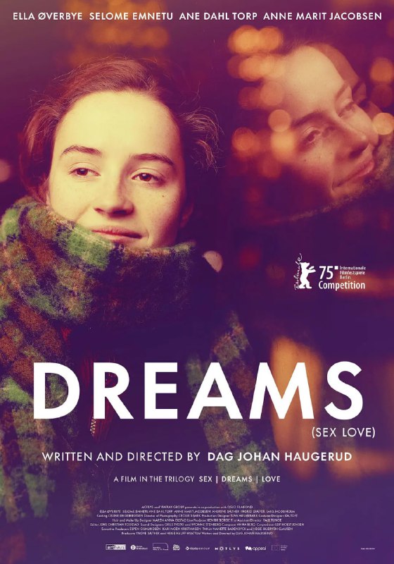 #性梦爱三部曲梦 Drømmer (2024)导演: #达格·约翰·豪格鲁德编剧: #达格·约翰·豪格鲁德主演: #艾拉·奥弗比 / #安妮·达尔·托普 / #塞罗姆·埃内图 / #英格丽德·吉耶弗 / #西莉耶·布雷维克类型: #剧情制片国家/地区: #挪威语言: 挪威语上映日期: 2024-09-23(挪威) / 2025-02-19(柏林国际电影节)片长: 111分钟又名: 性梦爱三部曲：梦 Drømmer (2024) / 性爱梦之做梦(港) / 同夢奇緣之夢(港) / Sex Dreams Love Trilogy: Dreams / Drømmer (Sex Drømmer Kjærlighet) / Dreams‎IMDb: tt30810787#豆瓣8.2IMDb评分：7.6剧情简介：他们都说，爱情仿佛一场大梦，到梦醒的时候自然结束，无论如何，Johanne（艾拉·奥弗比 Ella Øverbye 饰）恋爱了，爱上了同性艺术家老师，并且所忧所喜所思所虑都用文字记录下来——我爱她复觉得她爱我，但现实真的如此？母亲和外祖母看了日记后有点惊讶，却认为文采非凡，值得出版