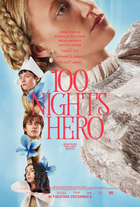 #英雄百夜 100 Nights of Hero (2025)导演: #朱莉娅·杰克曼编剧: #朱莉娅·杰克曼主演: #艾玛·科林 / #麦卡·梦露 / #尼古拉斯·加利齐纳 / #埃米尔·艾尔-马斯里 / #查莉XCX类型: #爱情 / #同性 / #奇幻制片国家/地区: #英国语言: 英语上映日期: 2025-09-06(威尼斯电影节) / 2025-12-05(美国)片长: 90分钟又名: 英雄百夜 100 Nights of Hero (2025) / The One Hundred Nights of HeroIMDb: tt33350512IMDb评分： 6.0剧情简介： 讲述一个女性主义童话故事，为《一千零一夜》的新编，聚焦两个相爱的女人Cherry（麦卡·梦露 饰）和Hero（艾玛·科林 饰）：Cherry与邪恶的男子Jerome（埃米尔·艾尔-马斯里 饰）结了婚，Jerome与他的朋友、好色的恶人Manfred（尼古拉斯·加利齐纳 饰）打赌，看Manfred能否在100晚之内勾引Cherry，如果Manfred成功，Jerome就把城堡和Cherry送给他