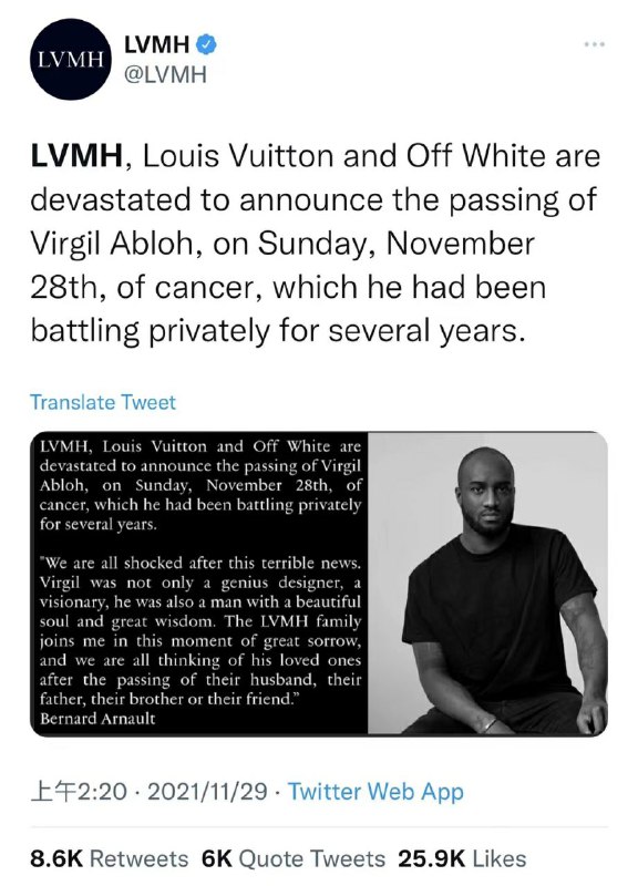#资讯 OFF-WHITE创始人、Louis Vuitton 男装创意总监 Virgil Abloh 因癌症去世，终年41岁